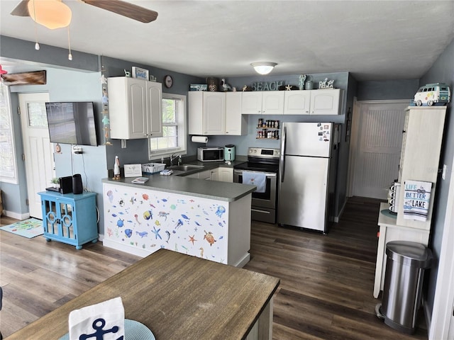 kitchen with kitchen peninsula, sink, white cabinets, and stainless steel appliances