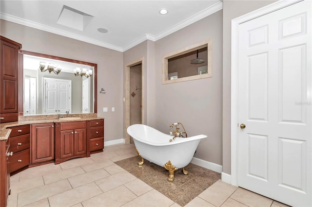 bathroom featuring tile patterned flooring, vanity, an inviting chandelier, crown molding, and plus walk in shower