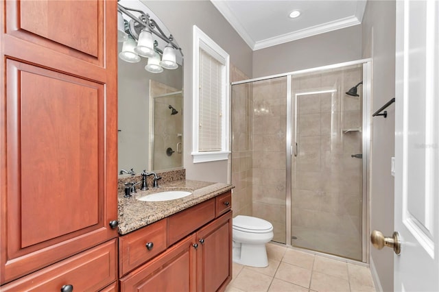 bathroom featuring crown molding, tile patterned floors, an enclosed shower, and vanity