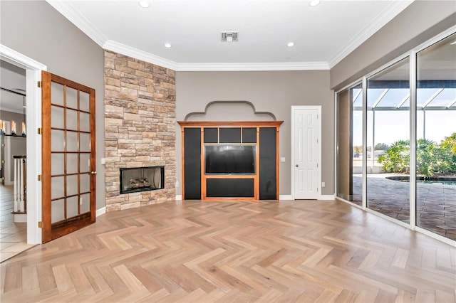 unfurnished living room with light parquet flooring, a stone fireplace, and ornamental molding