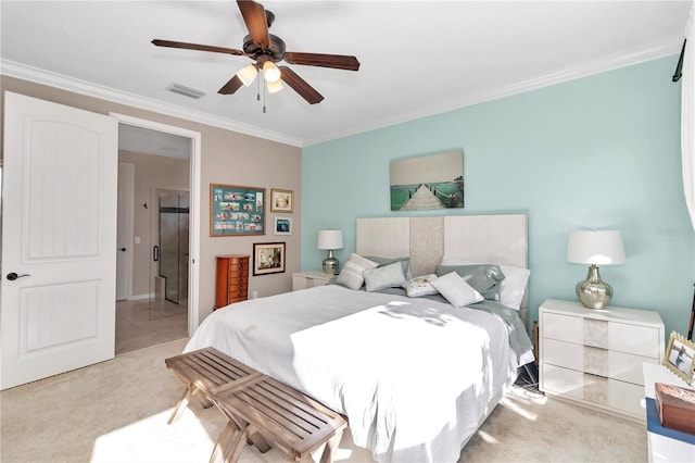 bedroom with ornamental molding, light carpet, and ceiling fan