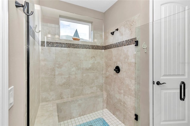 bathroom featuring a shower with shower door