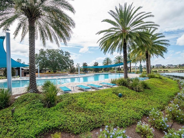 view of swimming pool with a water view