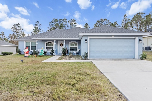 ranch-style home featuring a front yard, a porch, and a garage