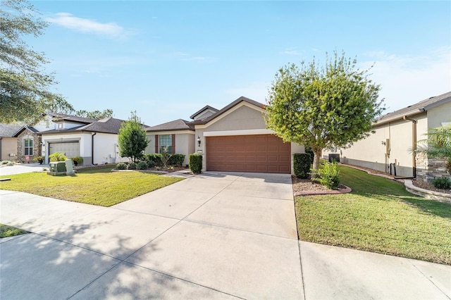 ranch-style house with a front yard and a garage