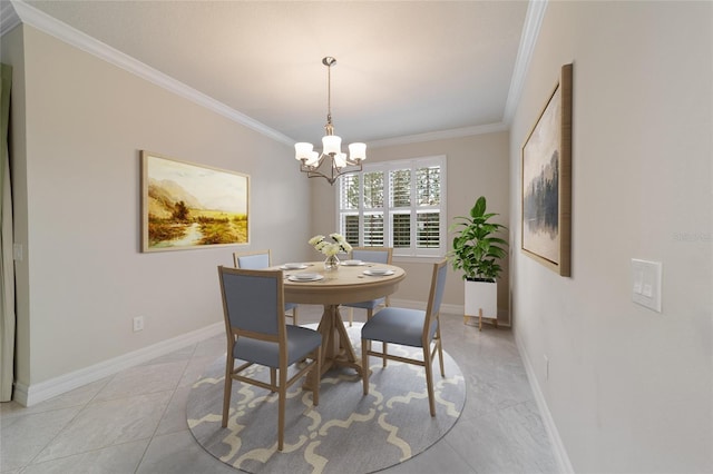 dining space featuring crown molding, light tile patterned floors, and a notable chandelier