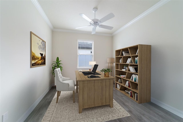 office space with crown molding, hardwood / wood-style floors, and ceiling fan