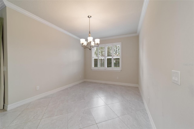 tiled spare room featuring crown molding and a notable chandelier