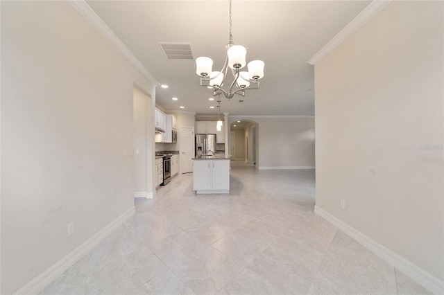 interior space with ornamental molding and a chandelier