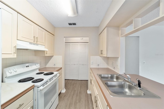 kitchen with sink, light wood-type flooring, tasteful backsplash, and electric stove