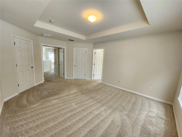 carpeted spare room featuring a raised ceiling