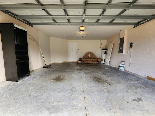 garage with a garage door opener, electric panel, and water heater