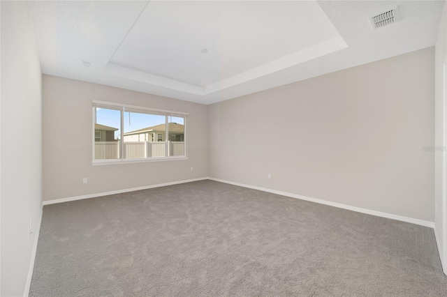 carpeted empty room featuring a tray ceiling