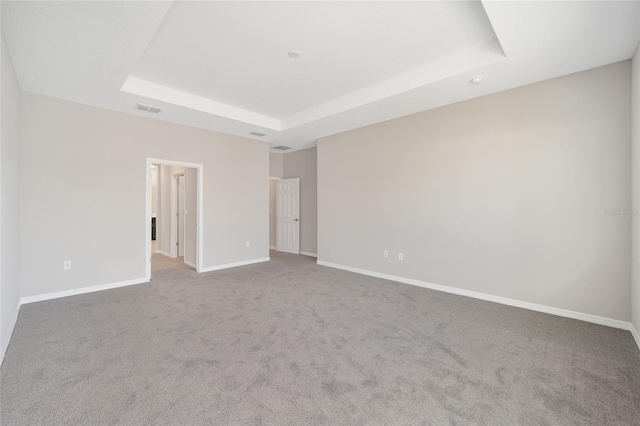 empty room featuring carpet and a raised ceiling