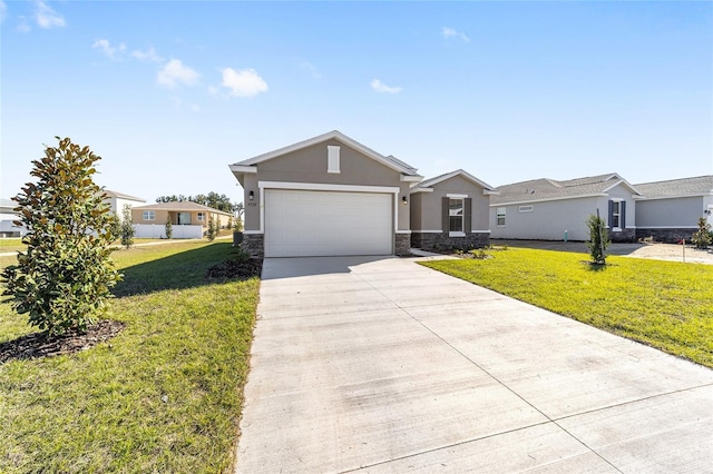 ranch-style house with a garage and a front lawn