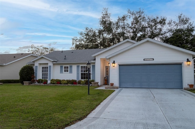 ranch-style house with a front lawn and a garage