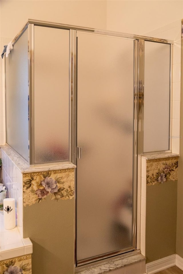 bathroom featuring a shower with shower door