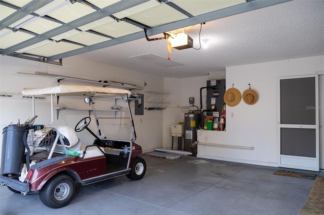 garage with electric panel, water heater, heating unit, and a garage door opener