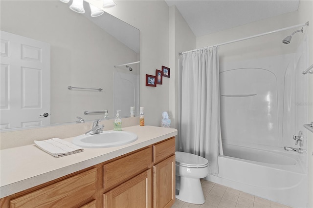 full bathroom featuring vanity, tile patterned flooring, toilet, and shower / bath combination with curtain