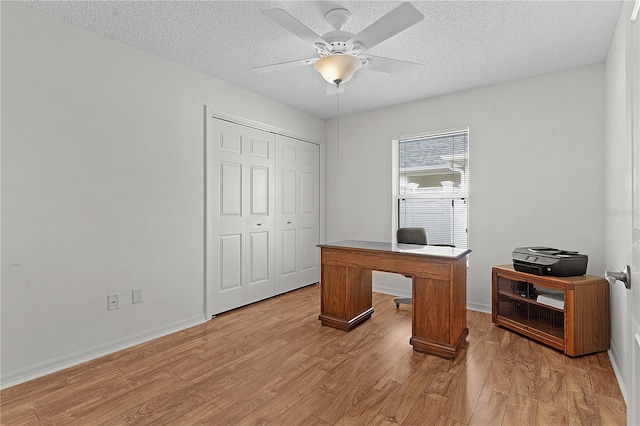 office space featuring ceiling fan, light wood-type flooring, and a textured ceiling