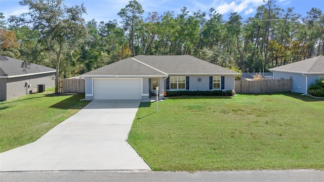 single story home with central AC unit, a garage, and a front lawn