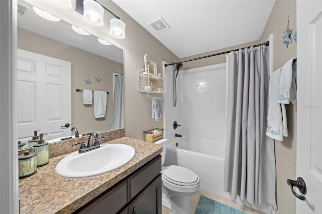 full bathroom with vanity, tile patterned flooring, toilet, and shower / tub combo with curtain