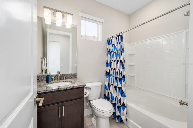 full bathroom with tile patterned floors, vanity, toilet, and shower / bathtub combination with curtain