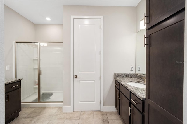 bathroom with vanity, tile patterned floors, and a shower with door