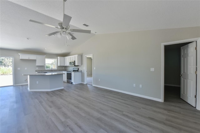 kitchen with white cabinetry, plenty of natural light, stainless steel appliances, and lofted ceiling