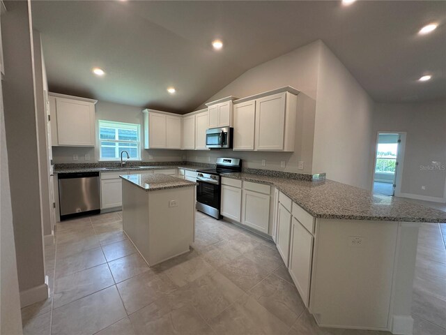 4445 SW 90th Pl, Ocala, FL 34476 - kitchen with appliances with stainless steel finishes, healthy amount of natural light, a peninsula, a sink, and vaulted ceiling