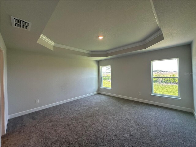 4445 SW 90th Pl, Ocala, FL 34476 - empty room featuring crown molding, a tray ceiling, baseboards, carpet flooring, and a textured ceiling