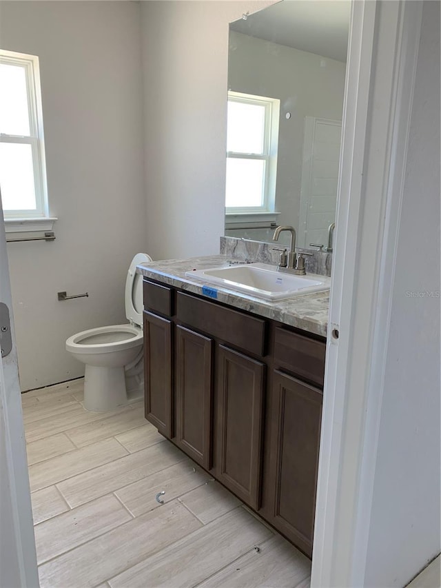 bathroom with hardwood / wood-style floors, vanity, and toilet