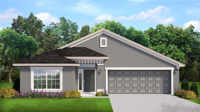 view of front of property featuring a garage, driveway, a front lawn, and stucco siding