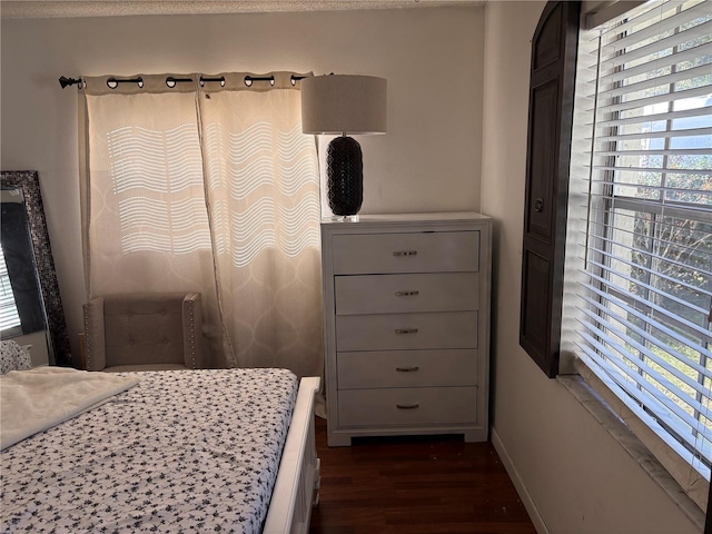 bedroom with dark hardwood / wood-style floors