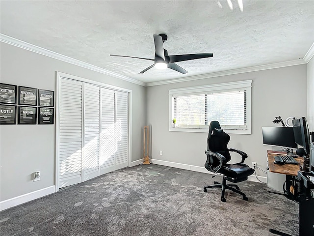 carpeted office space featuring ceiling fan, crown molding, and a textured ceiling