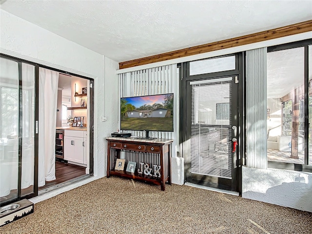 doorway to outside with carpet and a textured ceiling