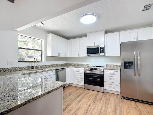 kitchen with stone counters, white cabinetry, sink, a textured ceiling, and appliances with stainless steel finishes