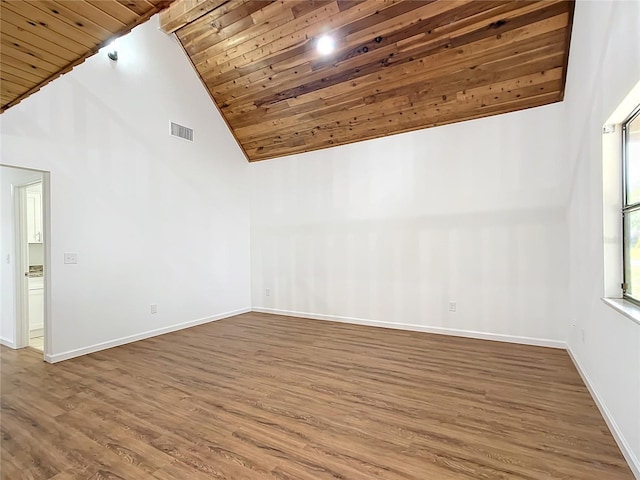 spare room featuring hardwood / wood-style flooring, high vaulted ceiling, and wood ceiling