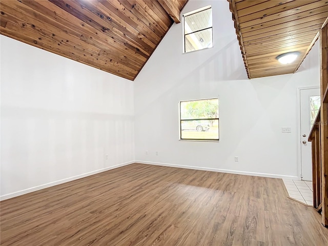 interior space with hardwood / wood-style floors, high vaulted ceiling, and wood ceiling