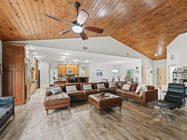 living room featuring light wood-type flooring, vaulted ceiling, ceiling fan, and wood ceiling