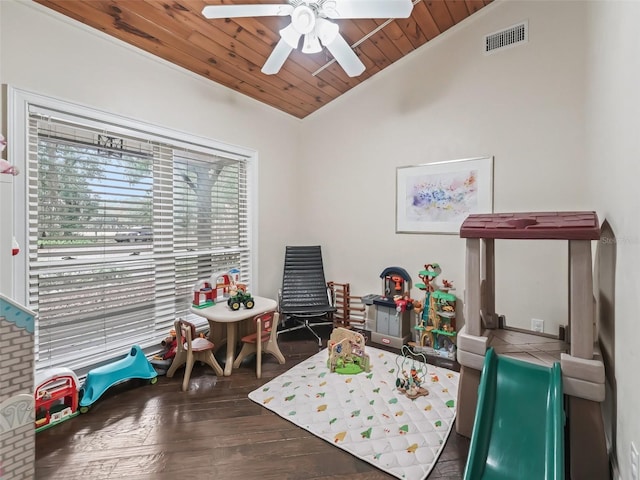 game room featuring dark hardwood / wood-style floors, ceiling fan, lofted ceiling, and wood ceiling