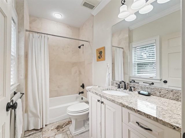 full bathroom featuring vanity, toilet, and shower / bathtub combination with curtain