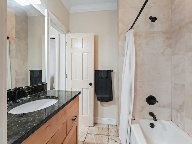 bathroom with shower / bath combination with curtain, crown molding, and vanity