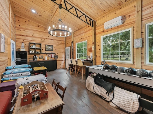 office space with a wall mounted air conditioner, high vaulted ceiling, an inviting chandelier, dark hardwood / wood-style floors, and wood ceiling