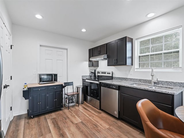 kitchen featuring light stone countertops, appliances with stainless steel finishes, light hardwood / wood-style floors, and sink