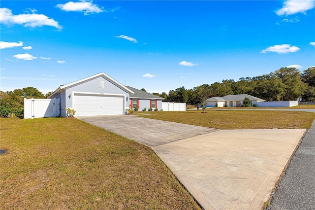 ranch-style house with a front yard and a garage