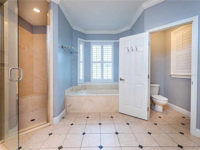 bathroom featuring tile patterned floors, toilet, independent shower and bath, and ornamental molding