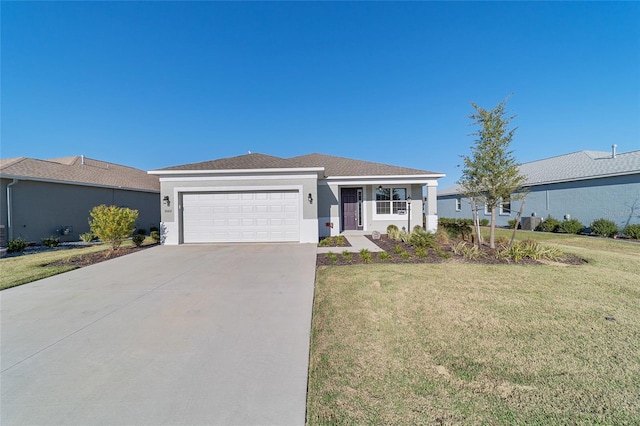 ranch-style home with a front yard and a garage