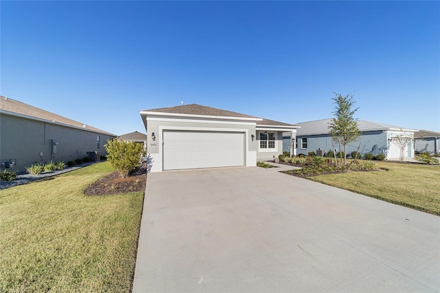 ranch-style house featuring a front lawn and a garage