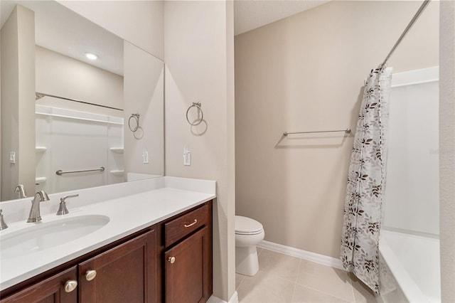 full bathroom with tile patterned floors, vanity, toilet, and shower / bathtub combination with curtain